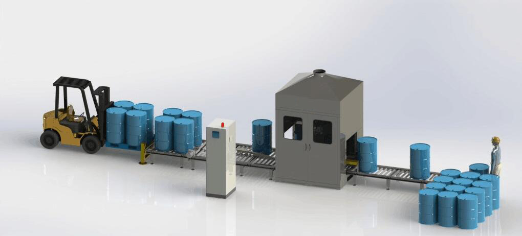 Fully automated filling machine for weighted and production line filling of metallic and plastic 120 to 220-litre barrels