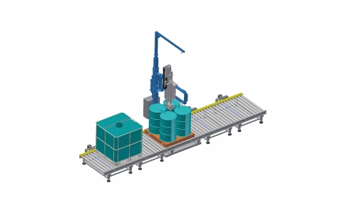 Automatic filling machine for weight filling of palletised containers