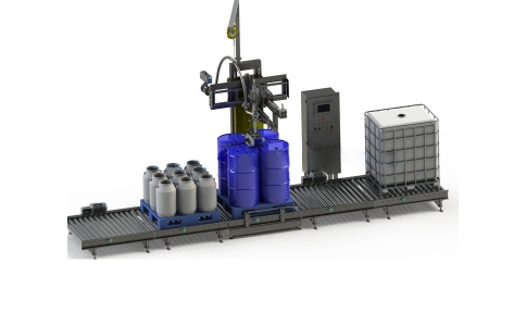 Fully automated machine for weighted and production of 20 to 1.500 liter drums, cans, barrels and IBCs on pallets.